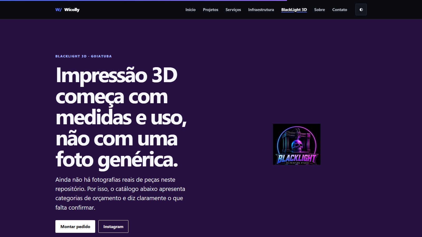 Página real da BlackLight 3D apresentando orçamento por medidas e uso